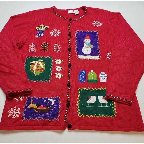 Vintage Cherokee Womens Med ButtonUp Christmas Cardigan Red Sweater Cotton Blend - Picture 1 of 6